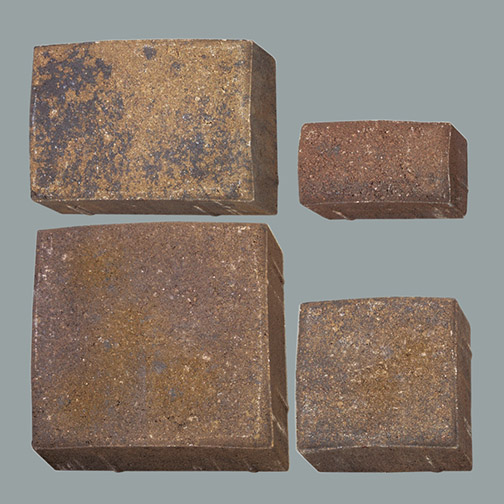 Studio photo on light gray background of the 4 standard paver sizes shown from overhead to show sizes in relation to each other