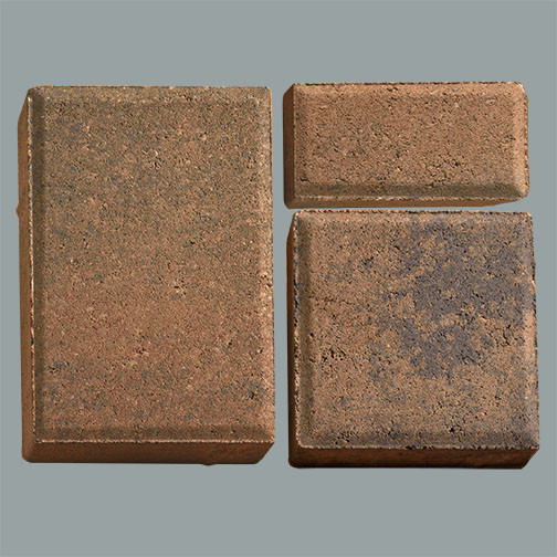 Product photo on light gray backgroundshowing the three sizes od Townsrape Pavers in territorial blend
